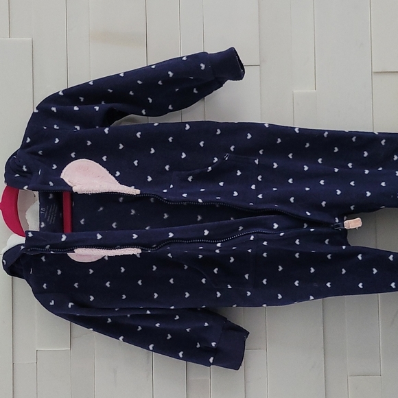 Carter's WARM HOODED FLEECE ONE PIECE BLUE WITH PINK HEARTS SIZE18 MONTHS - Picture 8 of 11